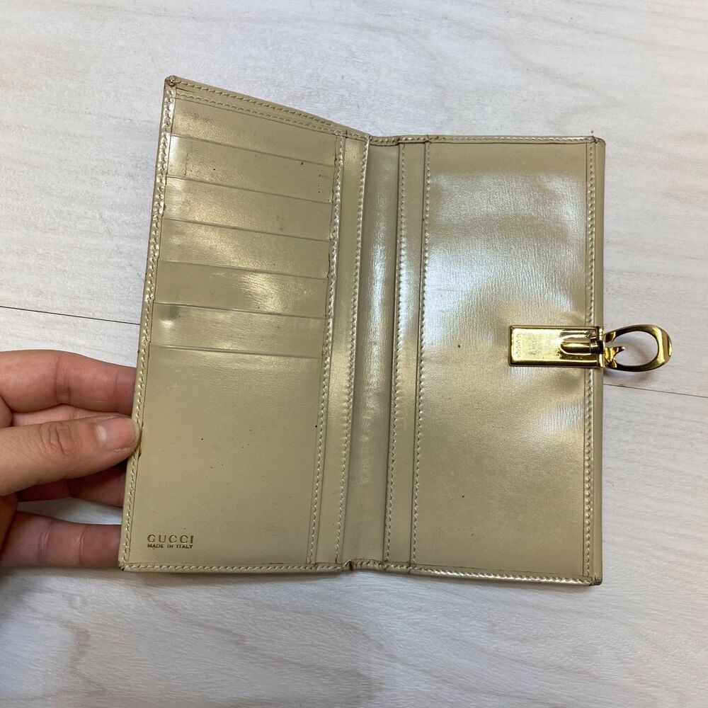 Gucci Bi-Fold Long Womens Wallet GG Monogram Authentic Beige W Gold Clasp - Picture 8 of 16